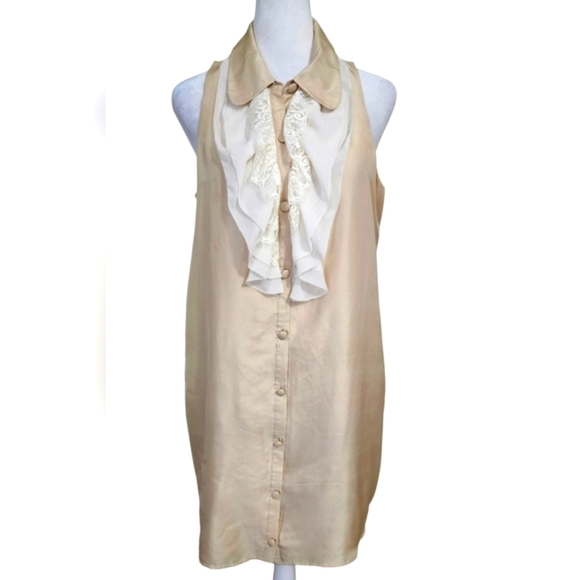 TWELVE by TWELVE 100% Silk Ruffle Front Button Up Collared Dress.Cream/white. M - Picture 1 of 13
